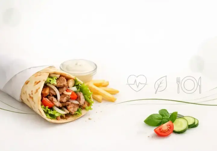 Kebab w bułce z frytkami, sosem i warzywami.