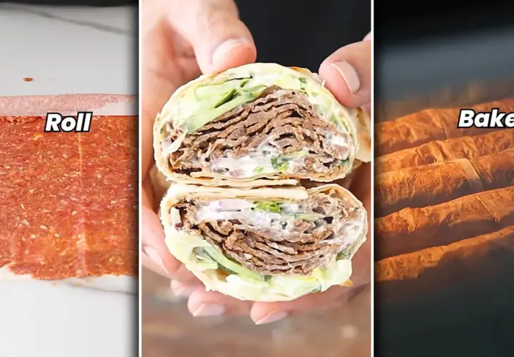 Trzy etapy przygotowania domowego kebaba: mielone mięso, przekrojony kebab w tortilli i pieczone rolady.