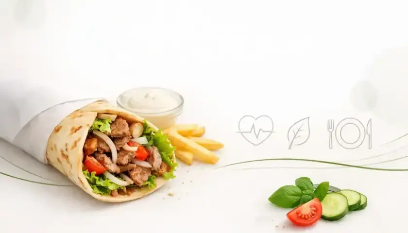 Kebab w bułce z frytkami, sosem i warzywami.