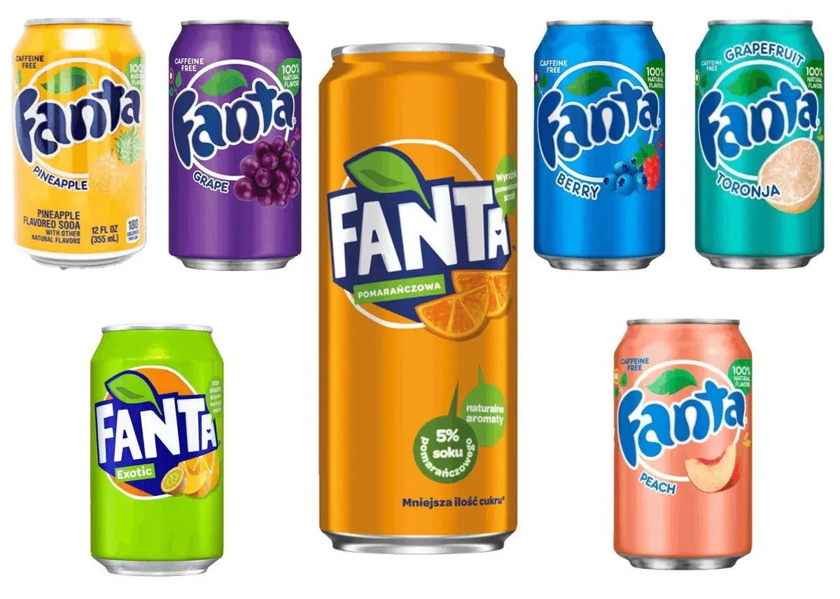 Puszki napojów Fanta o różnych smakach: pomarańczowa, winogronowa, egzotyczna, brzoskwiniowa, jagodowa i grejpfrutowa.